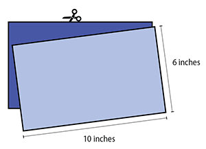 A close up of the two rectangular pieces of cloth needed to make a cloth face covering is shown. These pieces of cloth have been cut using a pair of scissors. Each piece of cloth measures ten inches in width and six inches in length.