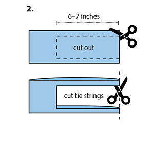 The rectangle piece of cloth that has been cut from the bottom portion of the T-shirt is shown, lying flat. The rectangle is positioned so that the cut that was just made across the entire width of the shirt is the top side of the rectangle while the original waistline of the T-shirt is the bottom side of the rectangle. From the top right-hand corner of the rectangle, the scissors are moved down approximately one-half inch, along the right, hemmed side of the rectangle. From this point, a six to seven-inch, horizontal cut is made through both the front and back side of the cloth, parallel to the top of the rectangle. The scissors then turn ninety-degrees to cut downward, a vertical line that is parallel to the left side of the rectangle; this cut continues downward until it reaches approximately one-half inch above the bottom of the rectangle. The scissors then turn ninety-degrees again to create another six to seven-inch, horizontal cut that runs parallel to the bottom of the rectangle, back towards the right, hemmed side of the shirt, and cuts through the right, hemmed side of the rectangle. This newly cut out piece of cloth is laid to the side. To cut tie strings, the two remaining slivers of the right side of the rectangle are cut vertically along the hem.