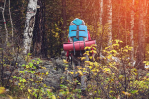 girl with a backpack going up in the mountain forest